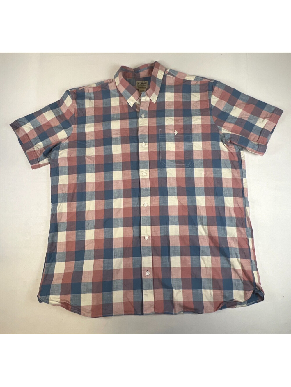 L.L.Bean Men's XL-Tall Plaid Button-Down Shirt Multi Red Blue Short Sleeve
